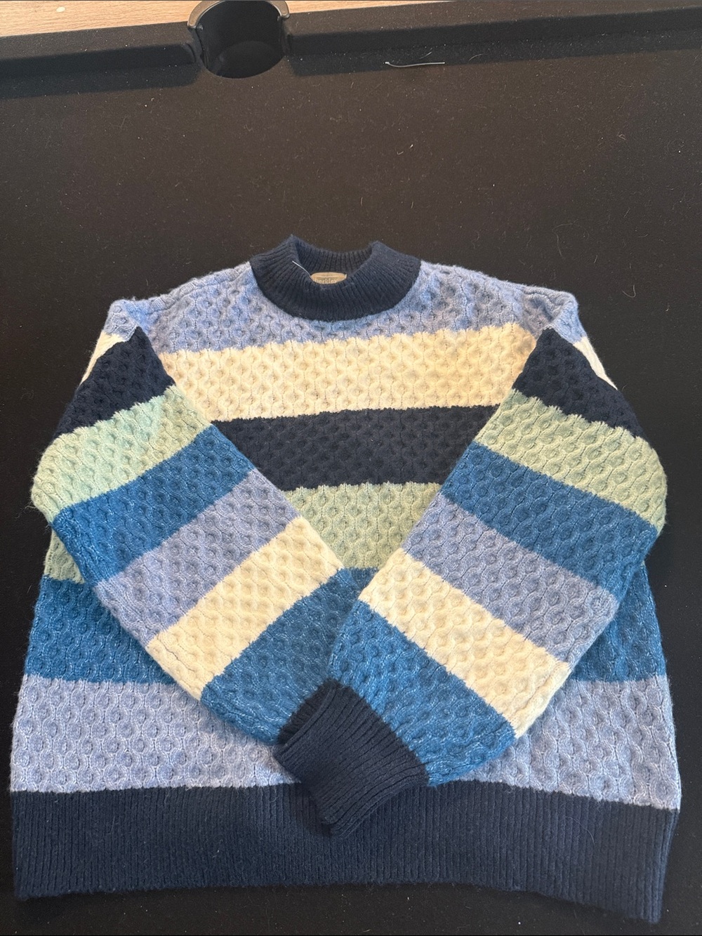 Striped Cable Crewneck Sweater - Blue & Cream